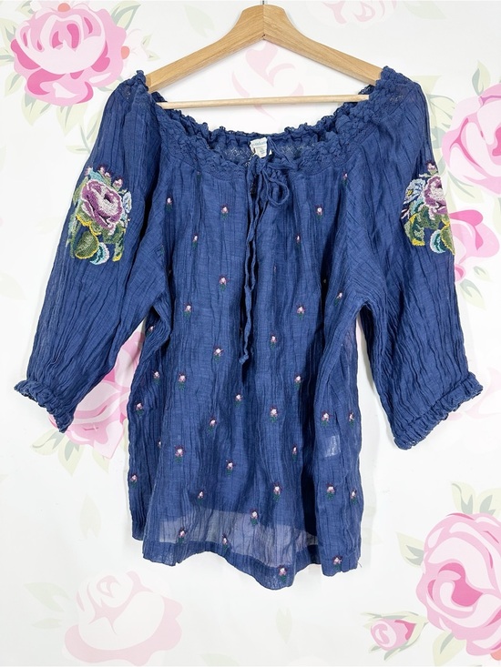 Sundance Tops - Sundance Navy Embroidered Peasant Floral Sleeve Silk Cotton Blend Blouse Top L